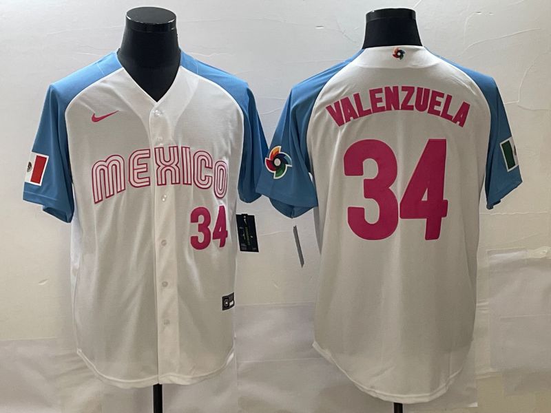 Men 2023 World Cub Mexico 34 Valenzuela White blue Nike MLB Jersey1